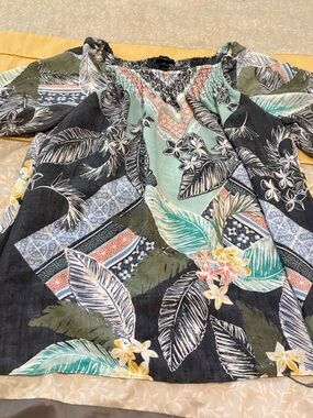 new directions Black Floral Peasant Top with Mint & Olive Accents